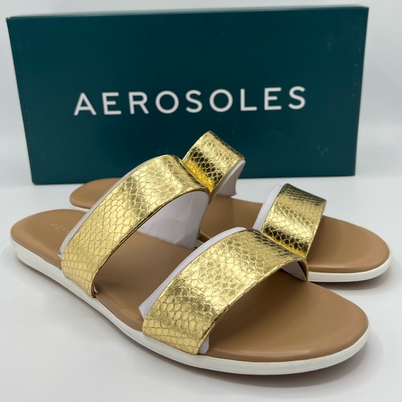 Aerosoles Womens Clovis Gold Metallic Slip On Open Toe Pool Slides Sandals - Picture 1 of 7